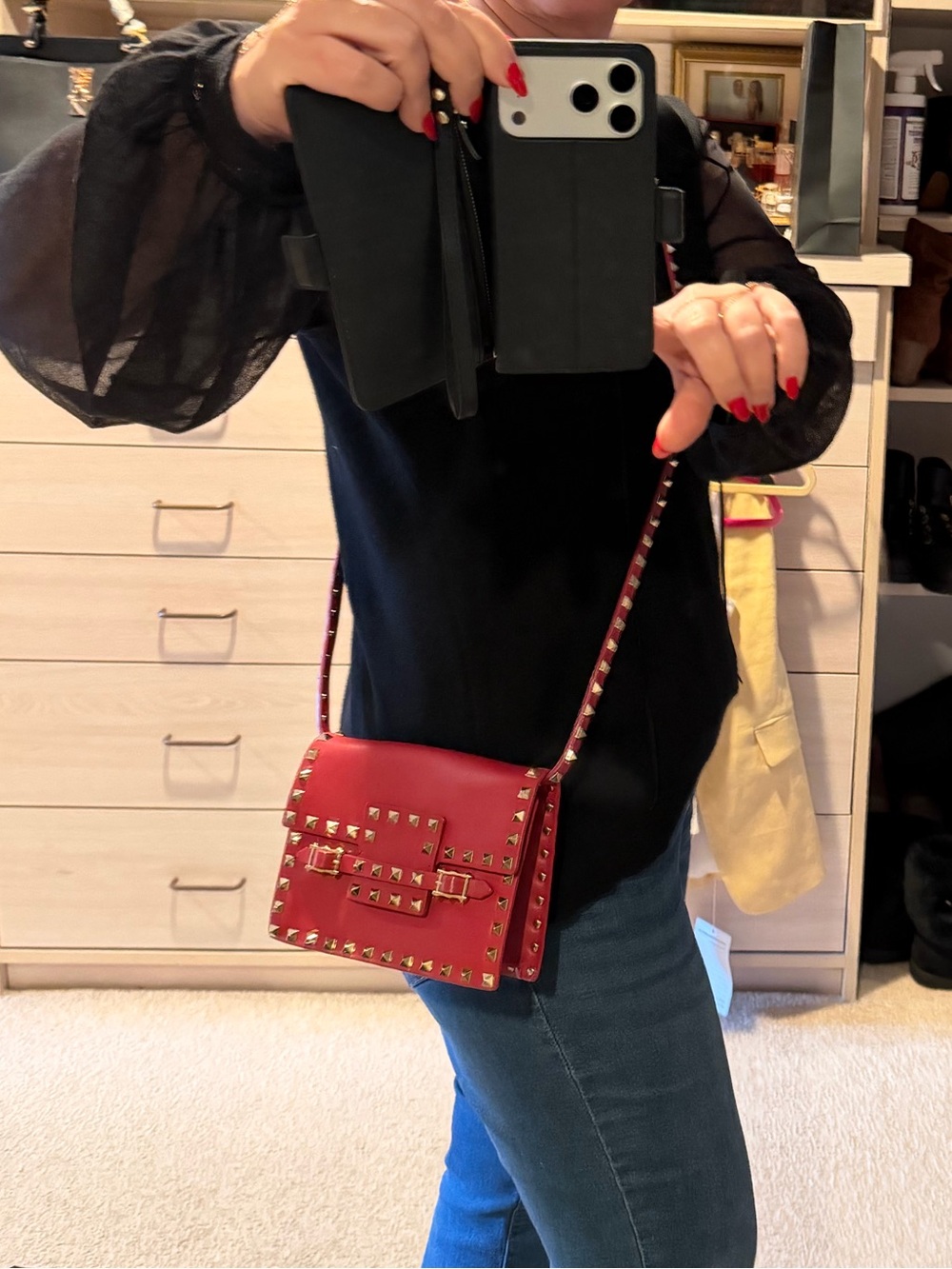 Valentino Red Studded Leather Crossbody Bag with Gold Hardware